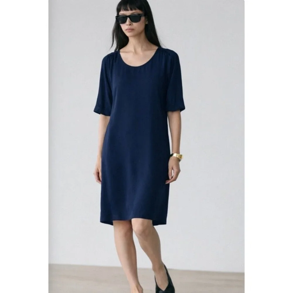 2/$30 Massimo Dutti  Navy SILK Blue Scoop‎ Neck Zip Back Shift Dress 4